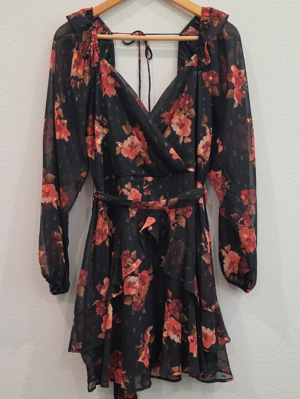 Trixxi Black Floral Long Sleeve Wrap Dress with Coral and Peach Blooms